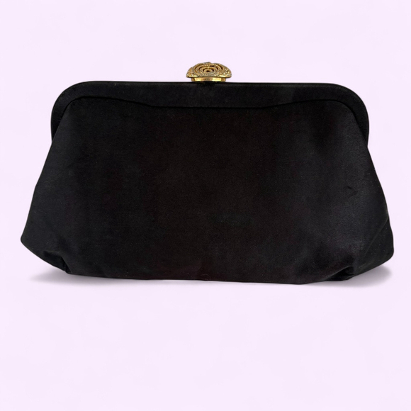 Vintage Handbags - 1950s Black Satin Clutch Rhinestone Gold Clasp